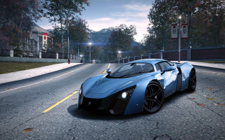 Blue sports car street trees - f 8 aperture free wallpaper