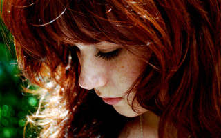 Red hair woman cellphone outside - a woman free wallpaper