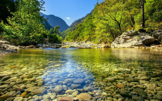 River rocks trees blue sky - choi buk free wallpaper for desktop