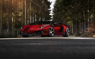 Red sports car driving woods - the car free wallpaper
