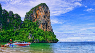 Boat mountain beach people water - near free wallpaper