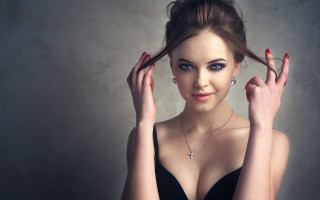 Woman cross necklace black dress - a photorealistic painting free wallpaper for desktop
