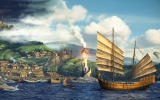 Fantasy boat town lighthouse matte - christophe vacher free wallpaper