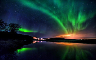 Aurora borealis lake night stars - over a lake free wallpaper