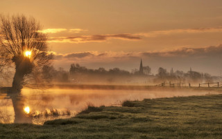 Foggy sunrise lake tree church - winning free wallpaper for desktop