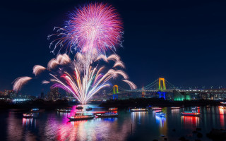Fireworks city night bridge river - free new year wallpaper