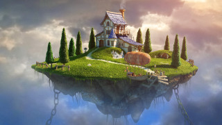 Floating island house trees animals - a house free wallpaper