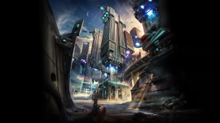 Futuristic city lights clock tower - free sci-fi wallpaper
