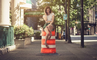 Woman trafficcone cityscape outdoor portrait - a building and trees free wallpaper