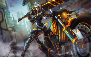 Futuristic woman motorcycle city smoke 2 - a woman free wallpaper