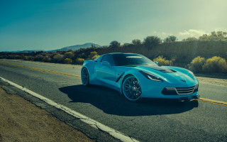Blue sports car forest mountains - a road next free wallpaper