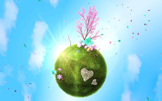 Green ball hearts floating clouds - blender and photoshop free wallpaper