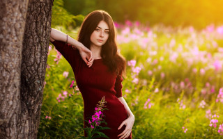 Woman tree field flower sun - leaning free wallpaper
