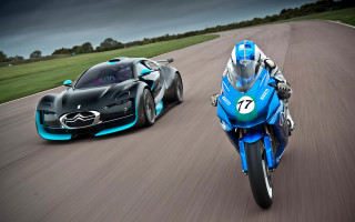 Two motorcycles driving blue black - panfuturism free wallpaper
