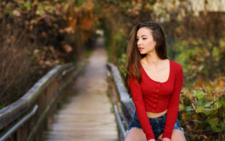 Woman red shirt jean shorts - a wooden bridge free wallpaper