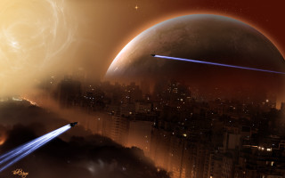 Futuristic city moon stars aurora - a distant object in the background free wallpaper