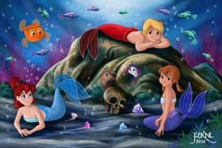 Mermaids ocean skull painting swimming - a skull free wallpaper