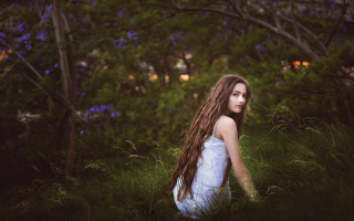 Woman longhair field bluebell nature - elinor proby adams free wallpaper