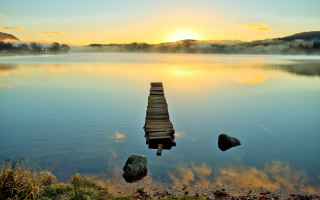 Dock lake forest sunset sky - hillside free wallpaper