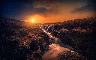 Waterfall sunset river mountains cityscape - derold page free wallpaper