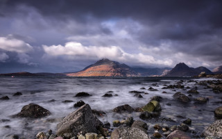 Rocky beach mountain water ruins - rich moody colour free wallpaper