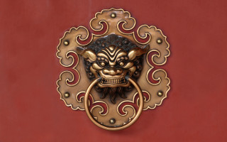 Golden lion ring red wall - mouth free wallpaper