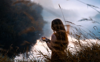 Woman tallgrass water cinematic nature - the water behind her free wallpaper