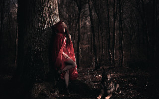 Woman red kimono forest dog - the wood free wallpaper