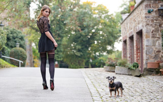 Woman dog street brick building - her free wallpaper
