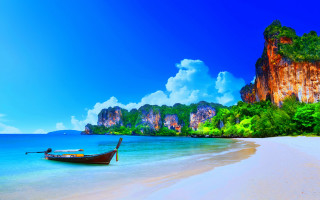 Beach boat mountains blue sky - felipe seade free wallpaper