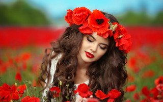 Woman red flower wreath field - impressionist free wallpaper