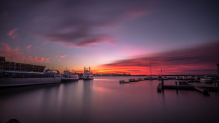 Sunset harbor boats dusk cityscape - a matte painting free wallpaper for desktop