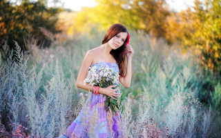 Woman dress bouquet autumn nature - impressionist free wallpaper