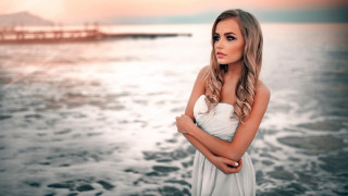 Woman white dress ocean crossed - her arm free wallpaper