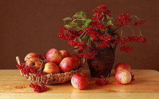 Basket apples berries flower vase - the table free wallpaper