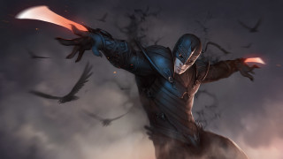 Blue suit man sword birds - epic fantasy character art free wallpaper