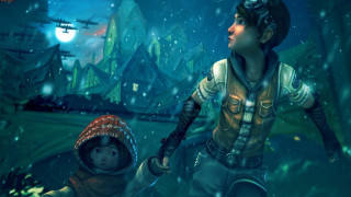 Snowy children plane night moon - a snowy landscape free wallpaper