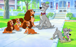 Dogs sitting sidewalk house trees - free gaming wallpaper
