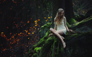 Woman mossy rock woods autumn - a moss free wallpaper