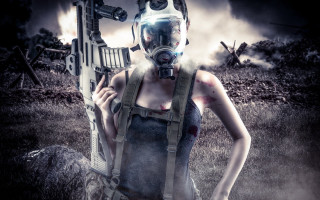 Woman gas mask gun field - apocalyptic free wallpaper