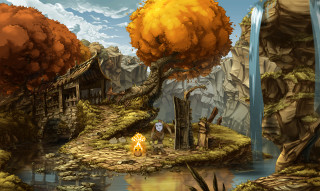 Waterfall village man rock painting - 2 d game art free wallpaper