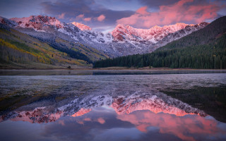 Mountain lake trees pink sky 3 - a pink sky free wallpaper