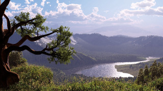 Lake mountains tree sky bush - a view of a lake and mountains free wallpaper