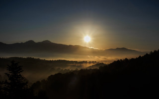 Sunset mountain range trees fog - sunrise free wallpaper