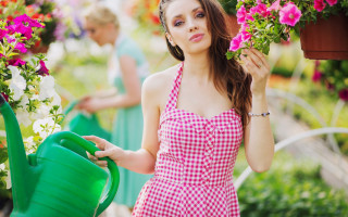 Woman red white dress watering 2 - other woman free wallpaper