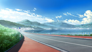 Road water mountains blue sky - a view of a body free wallpaper