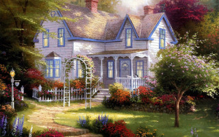 House garden pathway light pole - a painting of a house free wallpaper