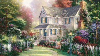 House flowers trees pathway picket - a pathway free wallpaper