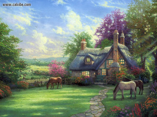 Horses grazing garden cottage stone - kinkade free wallpaper