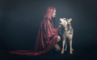 Woman red dress dog hood - a red cloak free wallpaper